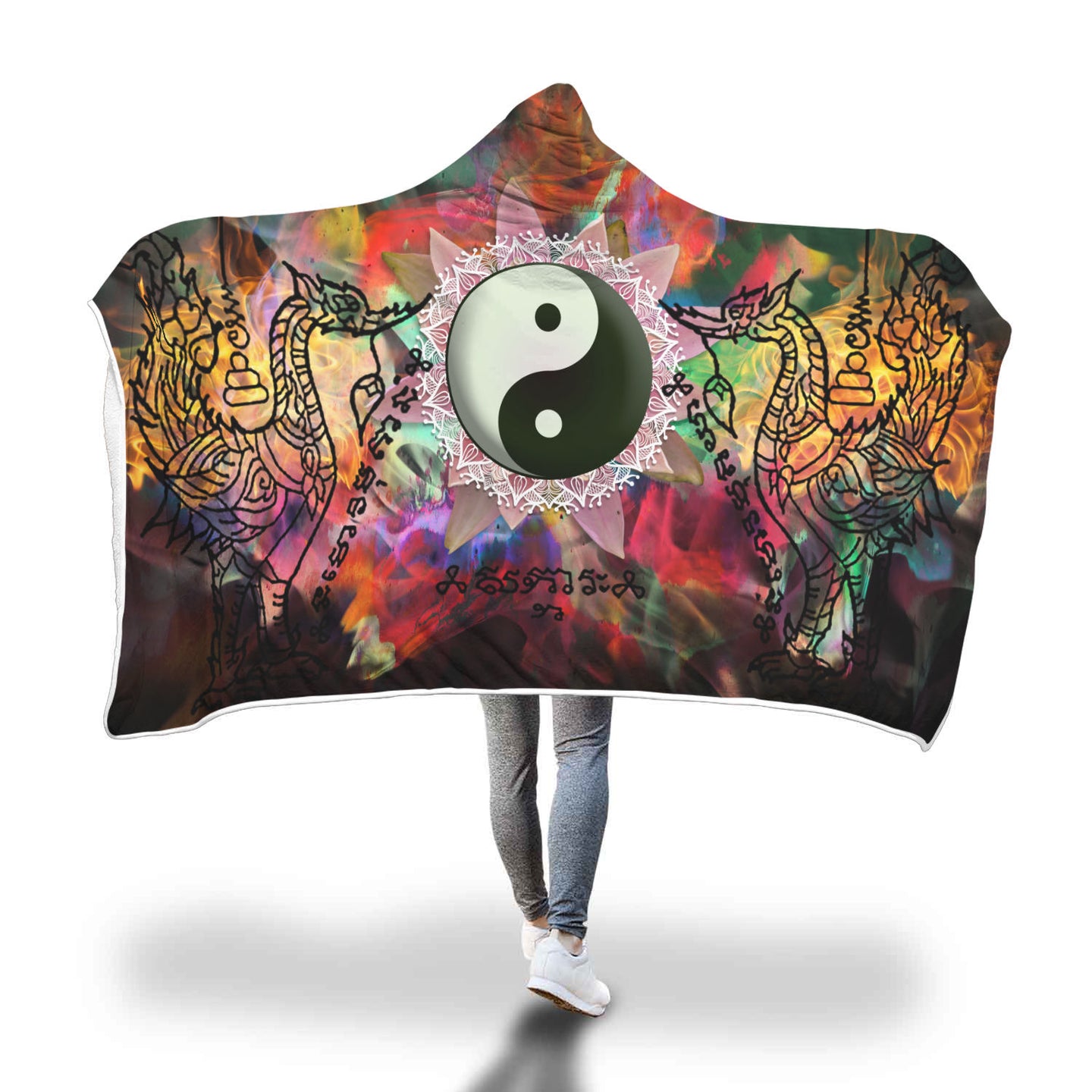 Sacred Geometry Yin and Yang Flower Mandala Hoodie Blanket