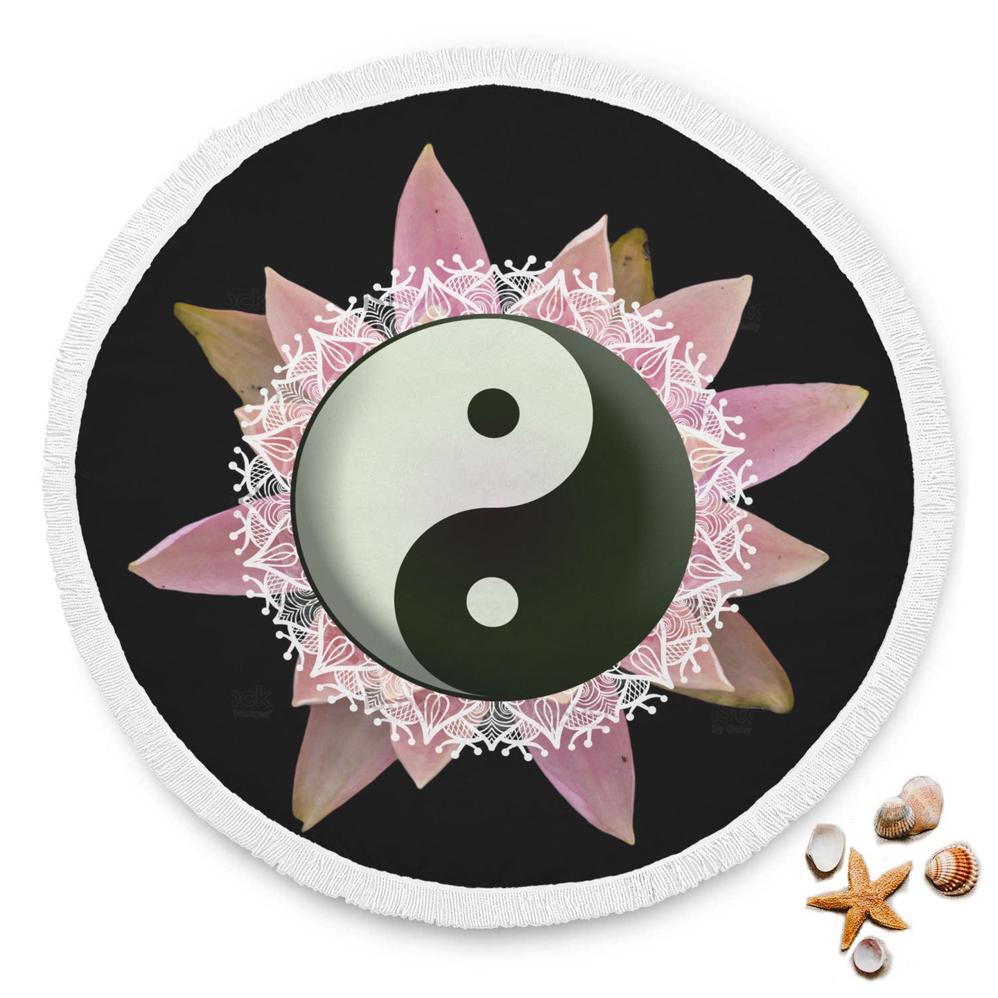 Yin & Yang Sacred Geometry Flower Mandala Round Beach Blanket