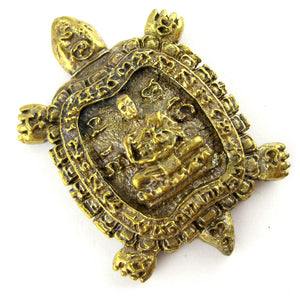 Brass Turtle Amulet with Meditating Thai Buddhist Monk & Unalome Symbol