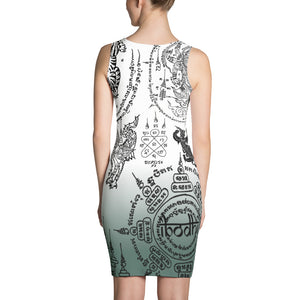 Covered With Sacred Thai Buddhist Tattoos White and Gray Dress